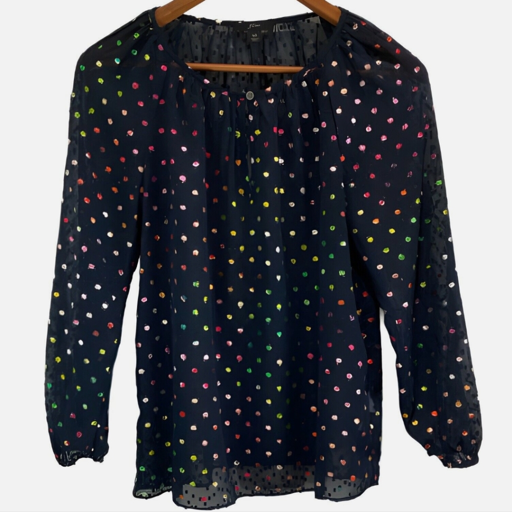 J Crew Popover Long Sleeve Rainbow Dot Chiffon Top, Size Small